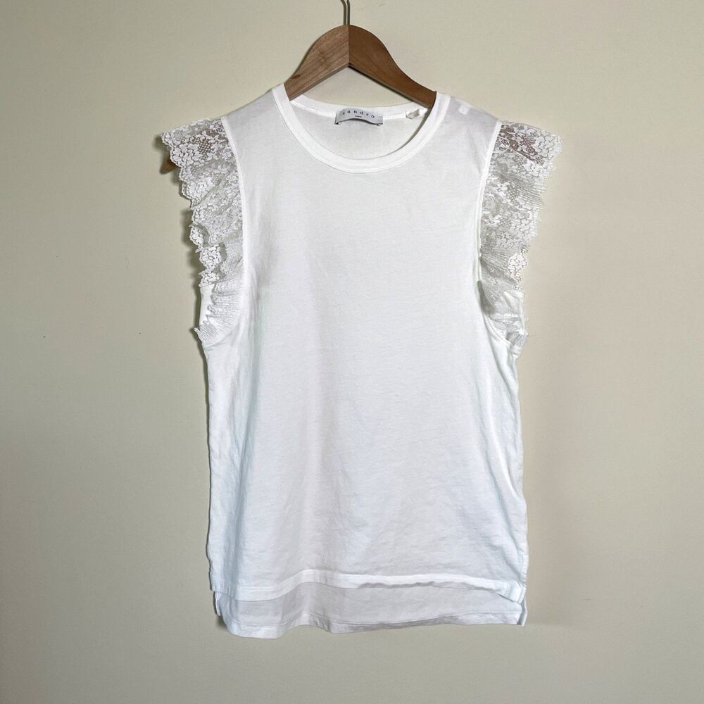 Sandro Paris Womens White Lace Trim Ruffle T-Shirt Blouse Size 1 Small Cotton